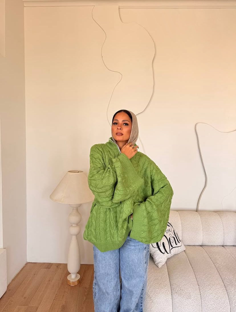 ZIP NECK CABLE SWEATER