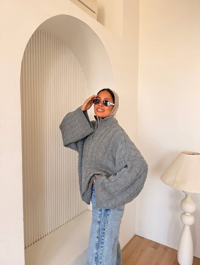 ZIP NECK CABLE SWEATER