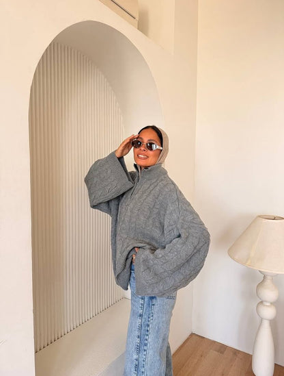 ZIP NECK CABLE SWEATER