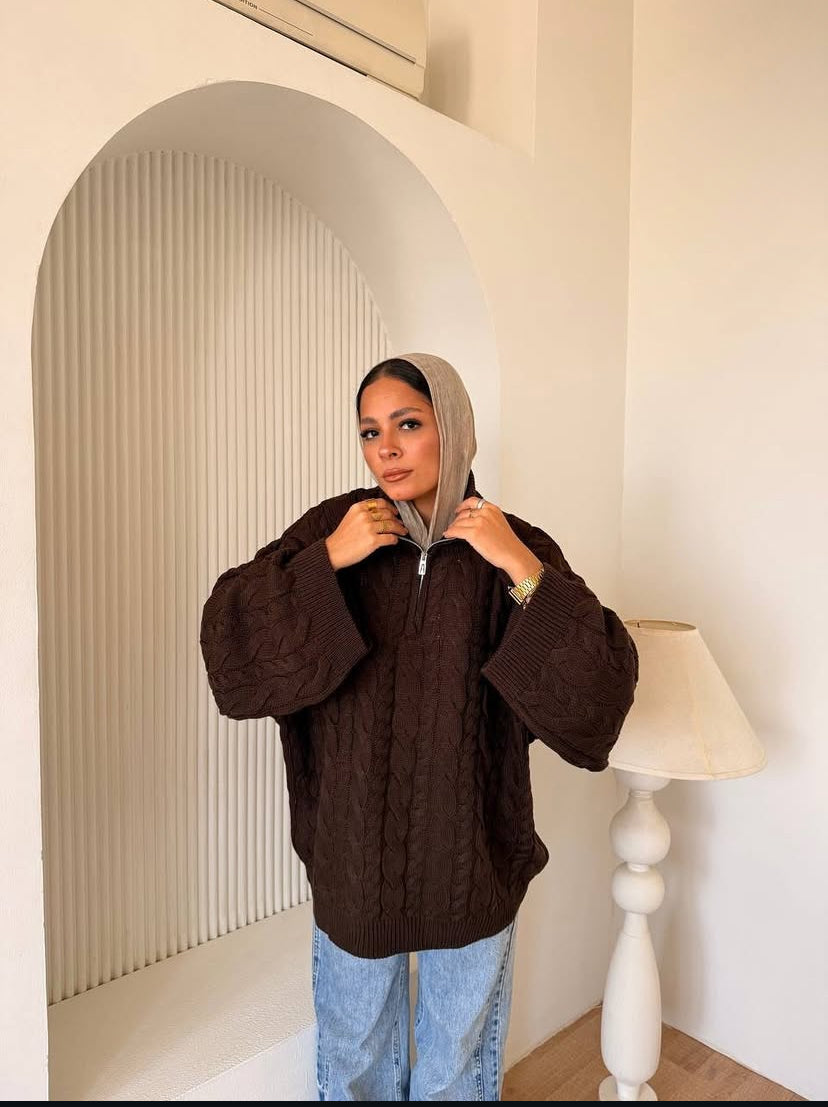 ZIP NECK CABLE SWEATER