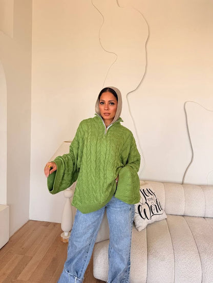 ZIP NECK CABLE SWEATER