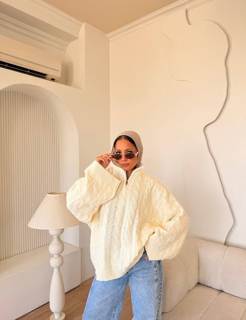 ZIP NECK CABLE SWEATER