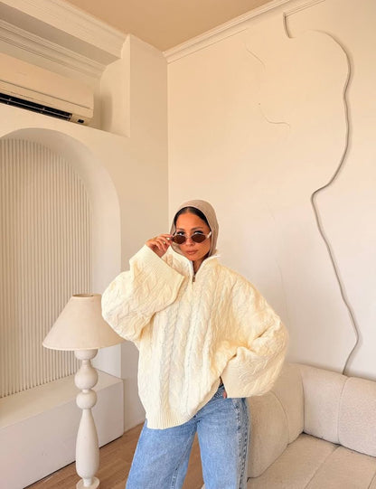 ZIP NECK CABLE SWEATER