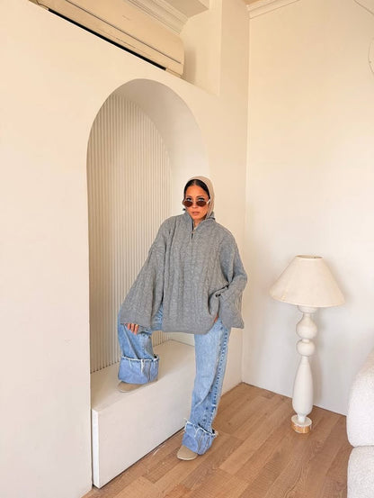 ZIP NECK CABLE SWEATER