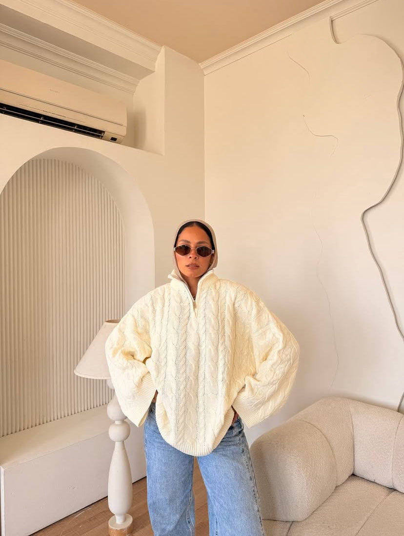 ZIP NECK CABLE SWEATER